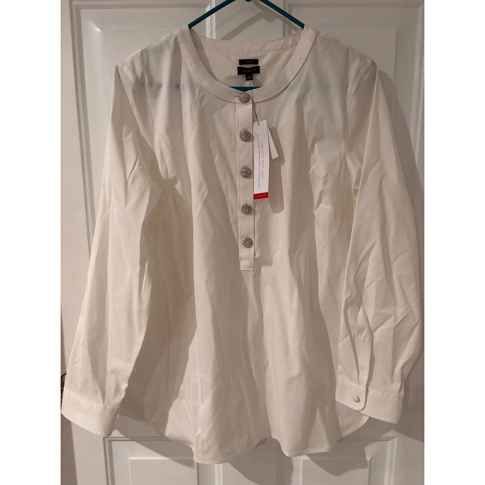Talbots Womens White Non Iron Shirt Rhinestone Button Long Sleeve Top‎ L